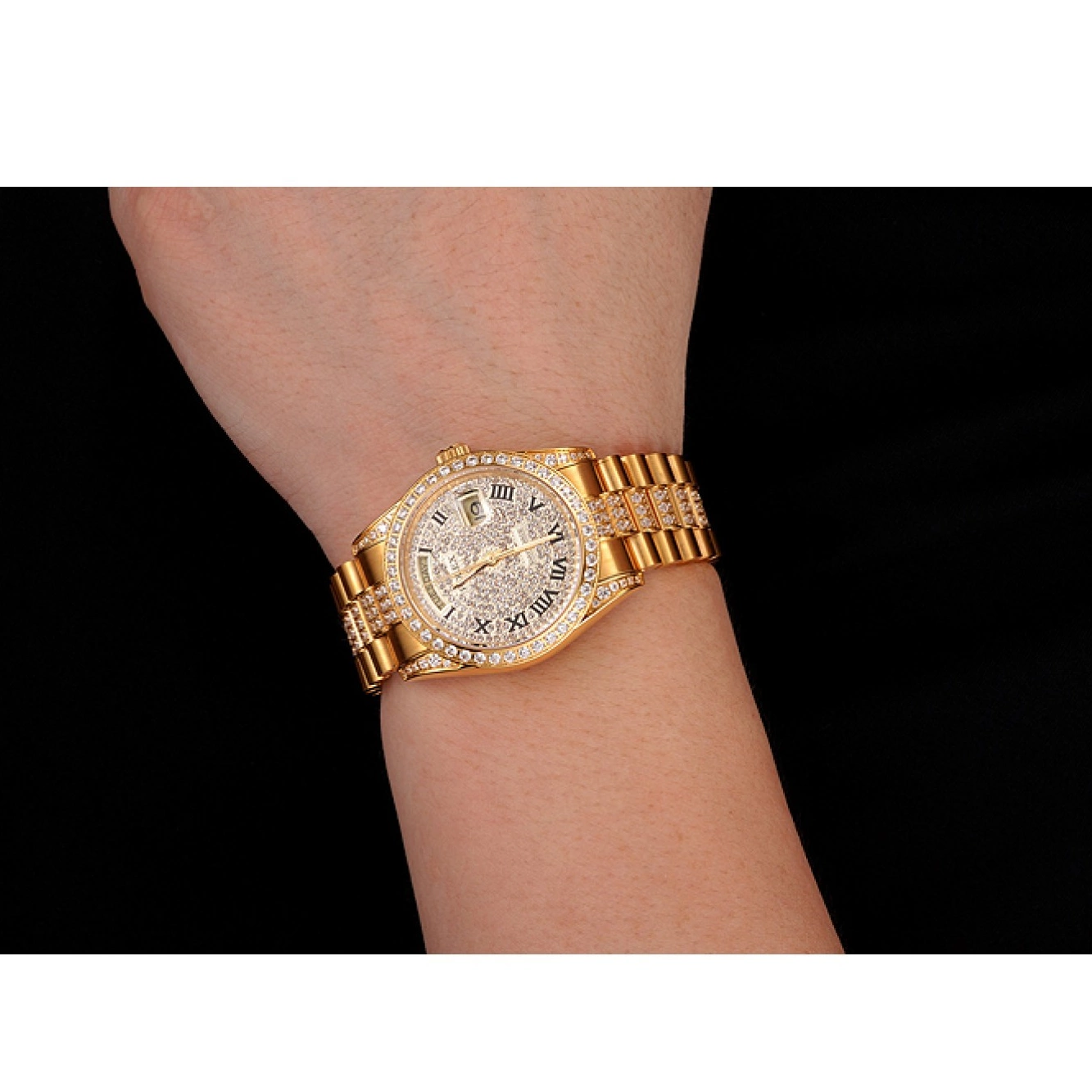 Best AAA Replica Sites Day-Date Pave Dial Swiss Diamond 1453956 Bracelet Diamond Rolex Gold 0605